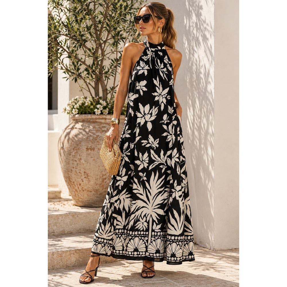 Vince Camuto Palm Challis Maxi Dress Black White Floral Halter Rayon NWT L